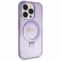 Guess Magnētiskā viedtālruņa apvalks ar gredzena statīvu Script Glitter MagSafe iPhone 13 Pro / 13 - violeta