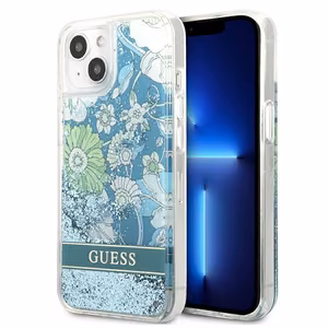 Guess GUHCP13MLFLSN iPhone 13 6.1" zaļš/zaļš cietais viedtālruņa apvalks ar ziedu šķidro spīdumu