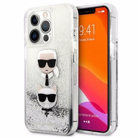 Karl Lagerfeld Šķidrs Glitter Karl&Choupette Galvas viedtālruņa apvalks iPhone 13 Pro / iPhone 13 - sudraba