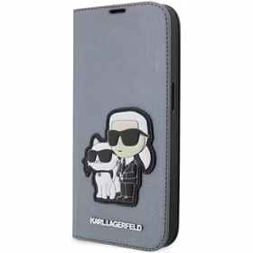 Karl Lagerfeld KLBKP14LSANKCPG iPhone 14 Pro 6.1" grāmatas tipa apvalks sudraba Saffiano Karl & Choupette