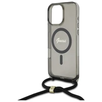 Guess Crossbody Cord Script Magnētiskais viedtālruņa apvalks iPhone 16 Pro Max - melns