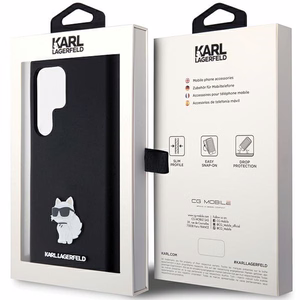 Karl Lagerfeld silikona Choupette metāla piespraude viedtālruņa apvalks Samsung Galaxy S23 Ultra - melns