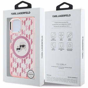 Karl Lagerfeld IML Monogramma Karl & Choupette Head Magnētiskais iPhone 15 Plus viedtālruņa apvalks - rozā