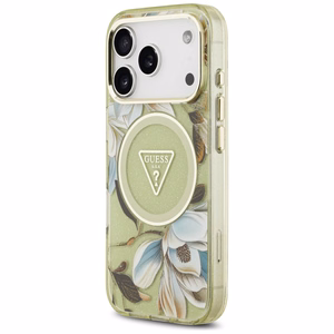 GUESS viedtālruņa apvalks IPHONE 17 Pro Max, saderīgs ar MagSafe GUHMP17XHFLPEDN (IML metāla spīdīgie ziedi trīsstūris) zaļš