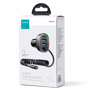 Joyroom ātrās uzlādes automašīnas lādētājs 4 in 1 PD, QC3.0, AFC, FCP ar Lightning kabeli 1.6m 57W melns (JR-CL20)
