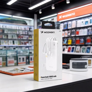 Wozinsky W11-W 10000mAh 10W portatīvais lādētājs ar iebūvētiem kabeļiem un lukturīti - balts