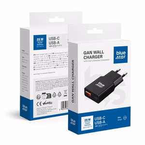 Ceļojumu lādētājs Blue Star Slim GaN 1x Type C + 1x USB A PD QC4.0 3A 25W melns