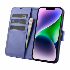 iCarer Maki apvalks 2in1 vāks iPhone 14 Plus Anti-RFID ādas atverams apvalks gaiši violets (WMI14220727-LP)