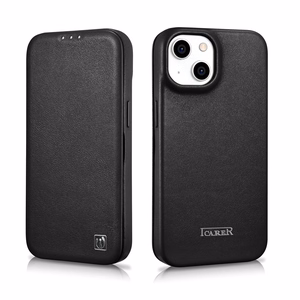 iCarer CE Premium ādas folio vāciņš iPhone 14 Plus ar MagSafe magnētisku flip vāciņu - melnā krāsā