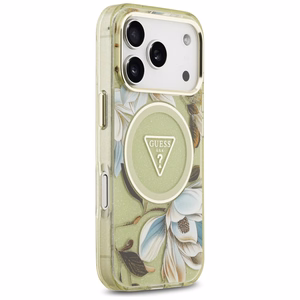 GUESS viedtālruņa apvalks IPHONE 17 Pro Max, saderīgs ar MagSafe GUHMP17XHFLPEDN (IML metāla spīdīgie ziedi trīsstūris) zaļš