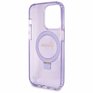 Guess Magnētiskā viedtālruņa apvalks ar gredzena statīvu Script Glitter MagSafe iPhone 14 Pro Max - violeta