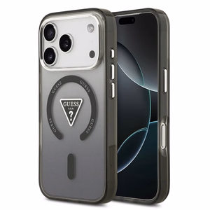 GUESS magnētiskais viedtālruņa apvalks IPHONE 17 Pro, savietojams ar MagSafe GUHMP17LHGTMLCGK (IML gradienta apvalks ar trīsstūra logotipu) melns