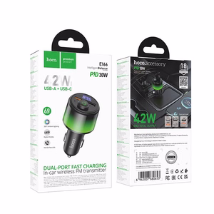Melns automašīnas Bluetooth raidītājs Hoco E166 ar 2 x USB-A, USB-C, QC 3.0 un PD 42 W
