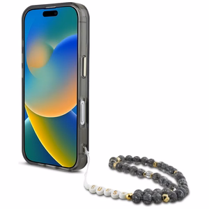 Guess Magnētiskais viedtālruņa apvalks iPhone 16 ar MagSafe – palmu koku motīvs ar trīsstūra formas pērļu siksniņu, melns