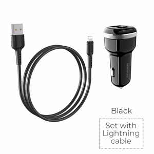 Borofone BZ13 Extreme automašīnas lādētājs ar 2 USB-A pieslēgvietām, 12 W, ar Lightning kabeli, melns