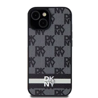 DKNY ādas rūtainais mono raksts un drukātas svītras viedtālruņa apvalks iPhone 15/14/13 - melns