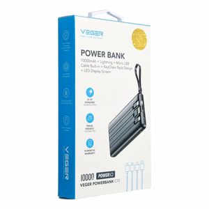 VEGER portatīvais lādētājs 10000 mAh ar iebūvētiem kabeļiem Micro USB / Type C / Lightning C10 (W1116) melna