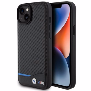 BMW ādas oglekļa viedtālruņa apvalks iPhone 15 Plus - melns