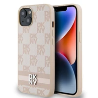 DKNY Ādas rūtainais mono raksts un drukātās svītras viedtālruņa apvalks iPhone 15 Plus / 14 Plus - rozā