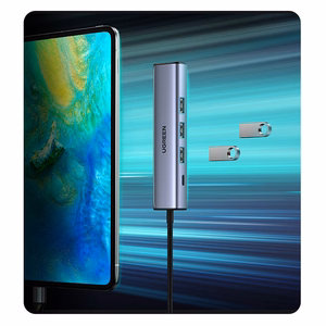 Ugreen CM475 daudzfunkcionāls sadalītājs USB 3.0 - 3x USB / Ethernet RJ-45 / USB Type-C PD - pelēks