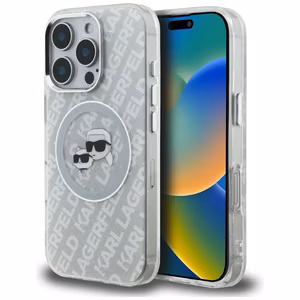 Karl Lagerfeld IML Glitter Karl & Choupette Heads Logo MagSafe maciņš iPhone 16 Pro Max - pelēks