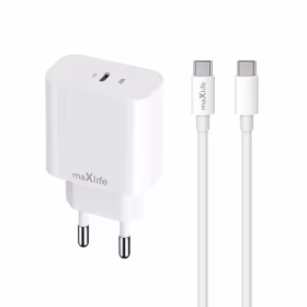 Maxlife MXTC-06-20C PD QC lādētājs 1x USB-C 20W balts + USB-C - USB-C kabelis 20W