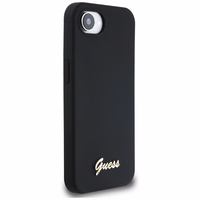 Guess Silicone Script Metal Logo MagSafe viedtālruņa apvalks iPhone 16e - melna