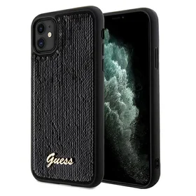 Guess Spīdumi uzraksts metāla viedtālruņa apvalks iPhone 11 / Xr - melns