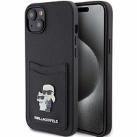 Karl Lagerfeld Saffiano Cardslots Karl&Choupette Metal Pin Viedtālruņa apvalks iPhone 15 - melns