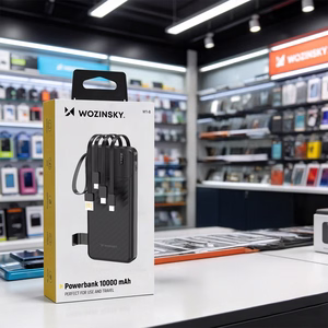 Wozinsky W11-B 10000mAh 10W portatīvais lādētājs ar iebūvētiem kabeļiem un lukturīti - melns