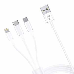 3mk 3-in-1 kabelis USB-A - microUSB / Lightning / USB-C 1.2m 20V/2.4A 15W, balts