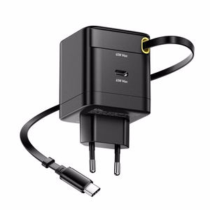 Lādētājs Essager Ruizi melns 65W (1xPD) + integrēts Type-C kabelis