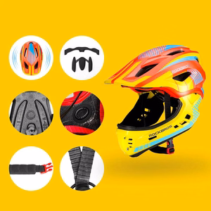 Rockbros TT-32SOYB-M bērnu velosipēda ķivere ar noņemamu zoda aizsargu, M izmērs – dzeltena un oranža