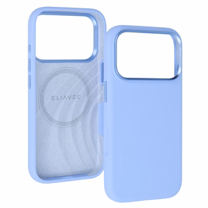 Liavec Silky vāciņš ar metāla kameras ietvaru, paredzēts iPhone 18 Pro/17 Pro, gaiši zils
