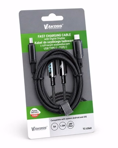 Vakoss TC-U560 USB-C–USB-C kabelis ar digitālo displeju, 100 W, 1,5 m, melns