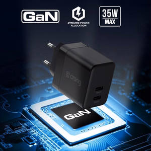 Crong Ultra Compact GaN sienas lādētājs, 2 × USB-C, 35 W, PD 3.0, PPS, melns