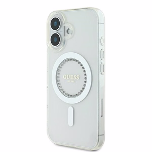 Guess IML Rhinestones magnētiskais viedtālruņa apvalks iPhone 16 - balts