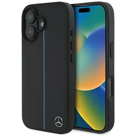 Mercedes MB Blue Line ādas magnētiskais iPhone 16 viedtālruņa apvalks - melns