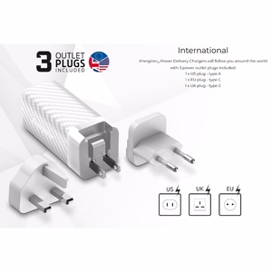 Energizer Ultimate A65MUC GaN ceļojumu sienas lādētājs ar EU / UK / US spraudņiem, USB-C + USB-A, 65 W PD, ar USB-C kabeli, melns