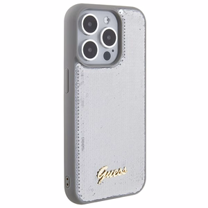 Guess Spīguļu Metāla Uzraksts viedtālruņa apvalks iPhone 15 Pro - sudraba