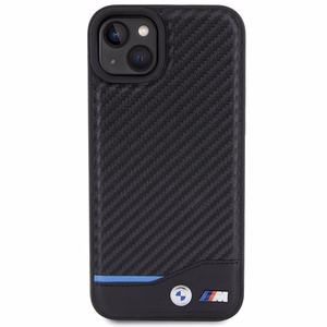 BMW ādas oglekļa viedtālruņa apvalks iPhone 15 Plus - melns