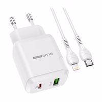 BLUE POWER Sienas lādētājs PD20W+QC3.0 BALTS LIGHTNING KABELIS