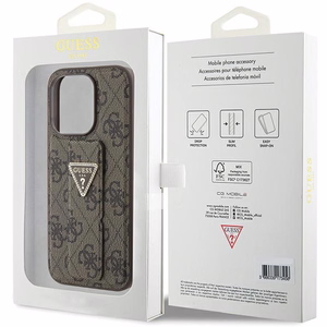 Guess Grip Stand 4G Triangle Strass viedtālruņa apvalks iPhone 15 Pro - brūns