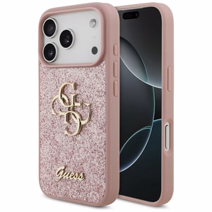 Guess PU Fixed Glitter 4G Metal Logo vāciņš Apple iPhone 18 Pro, rozā