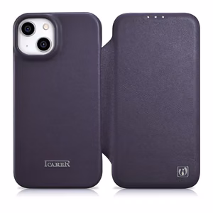 iCarer CE Premium ādas folio viedtālruņa apvalks iPhone 14 Plus magnētiskais atveramais ādas folio apvalks MagSafe tumši violeta