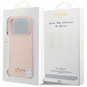 rozā Guess Silicone Script Metal Logo MagSafe vāciņš modeļiem Iphone 18 Pro Max / iPhone 17 Pro Max
