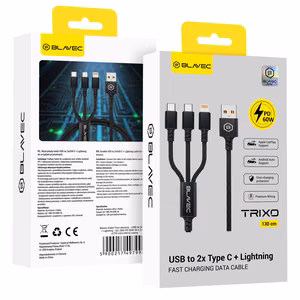 Blavec Cable Trixo braided - USB to 2xType C + Lightning - QC 18W PD60W 3A 1,3 metres (CTR-U2CL3B13) black