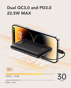 VEGER portatīvais lādētājs 10000 mAh ar iebūvētiem kabeļiem Type C / Lightning PD QC3.0 2A 22,5W C11 (W1170) melna