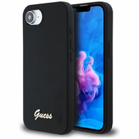 Guess Silicone Script Metal Logo MagSafe viedtālruņa apvalks iPhone 16e - melna