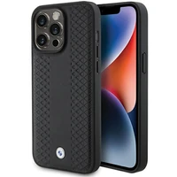 BMW ādas dimanta raksts viedtālruņa apvalks iPhone 15 Pro Max - melns
